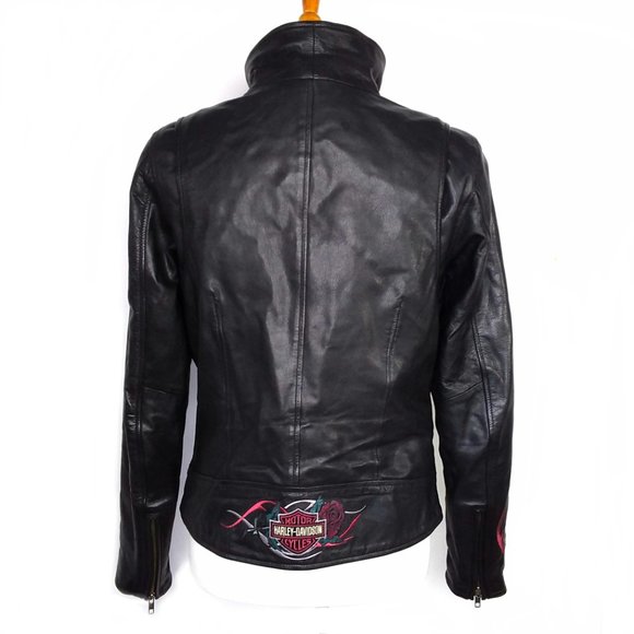 Harley Davidson Black Leather Moto Jacket Embroidered Logo Rose Size Medium - Picture 3 of 12